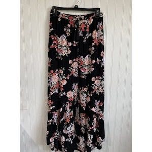 Xhilaration Skirt Small Black‎ Floral Hi-low Ruffled Buttons Elastic Waist Fairy